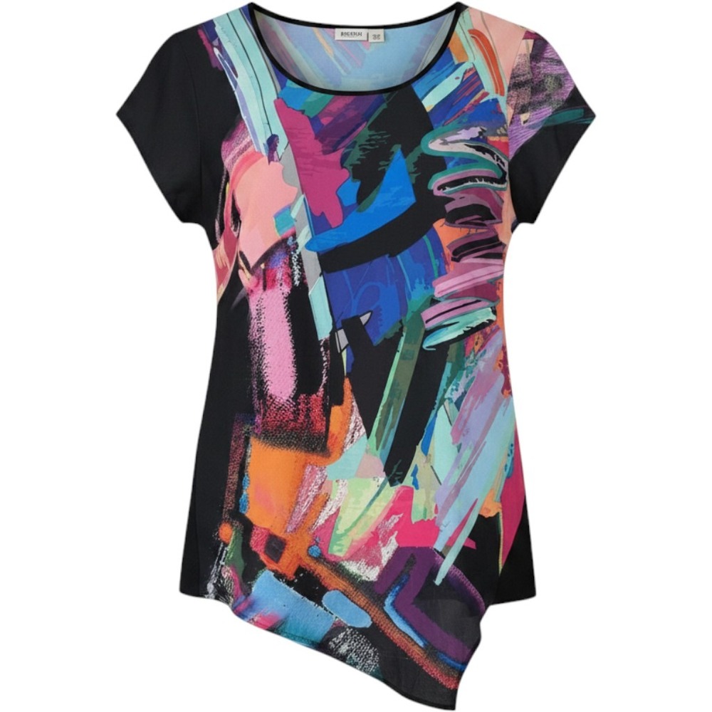 Avant-Garde Art Print Tunic Top Multi-Color Asymmetrical Hem 22/24W